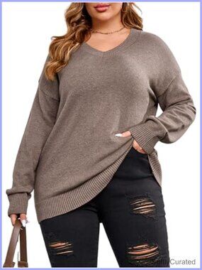 Plus Size Knit Sweater Long Sleeve V Neck Pullover Top